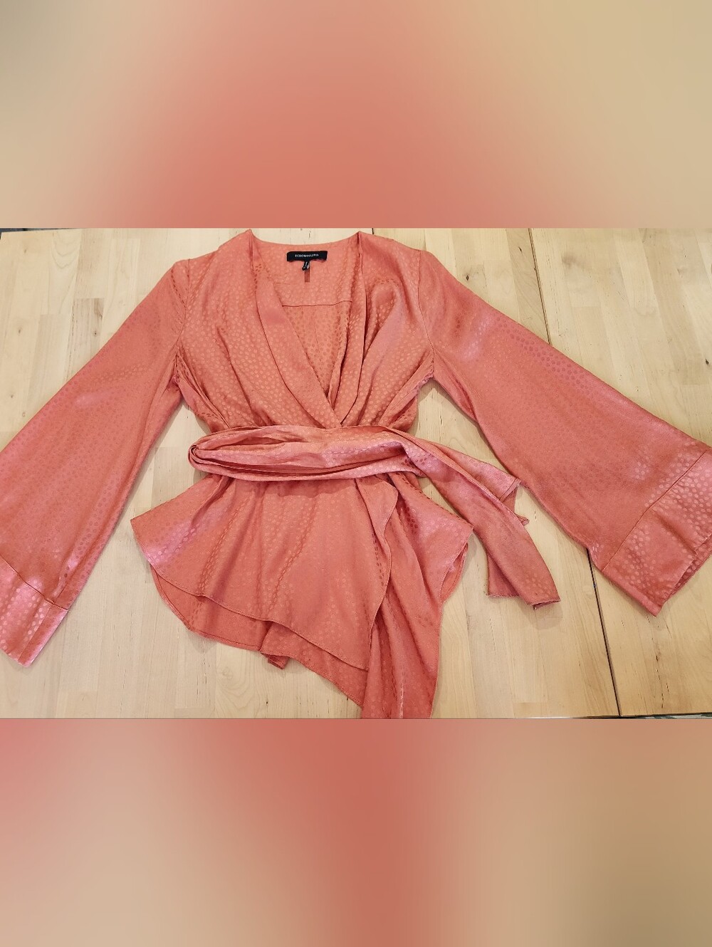 BCBG Max Azria | Textured Satin Bell Sleeve Wrap Top Blouse | Papaya | XS - Picture 8 of 12